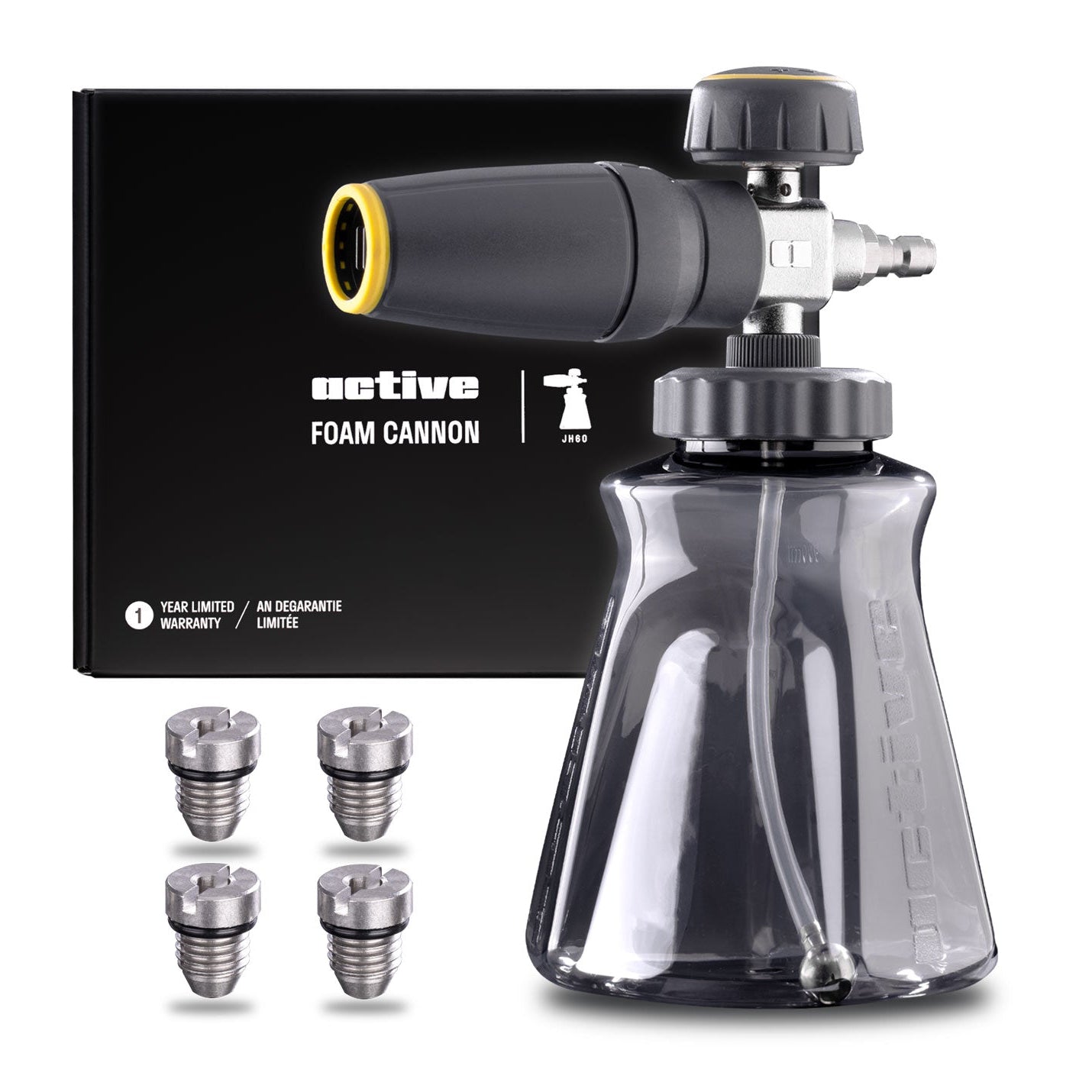 Active Foam cannon with interchangeable nozzles and packaging on a white background