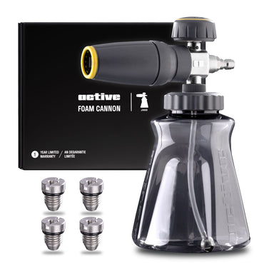 Active Foam cannon with interchangeable nozzles and packaging on a white background