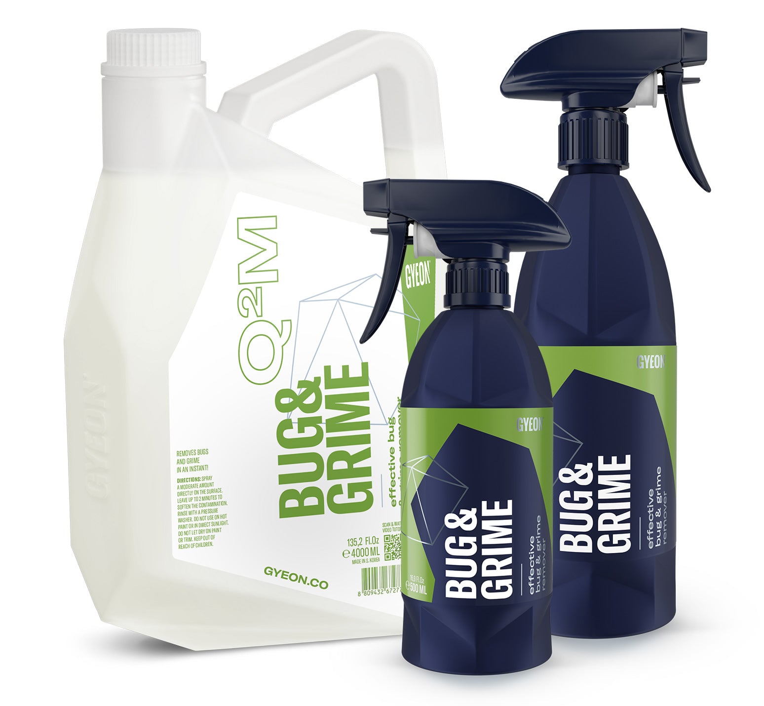Three bottles of GYEON Bug & Grime removal products on a white background
