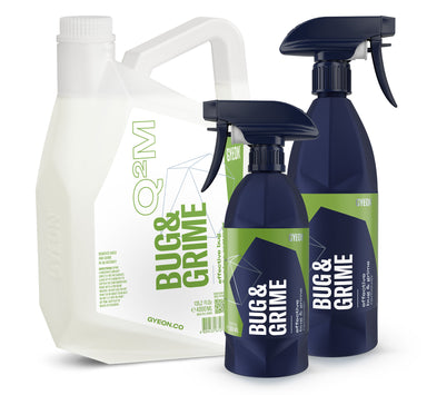 Three bottles of GYEON Bug & Grime removal products on a white background