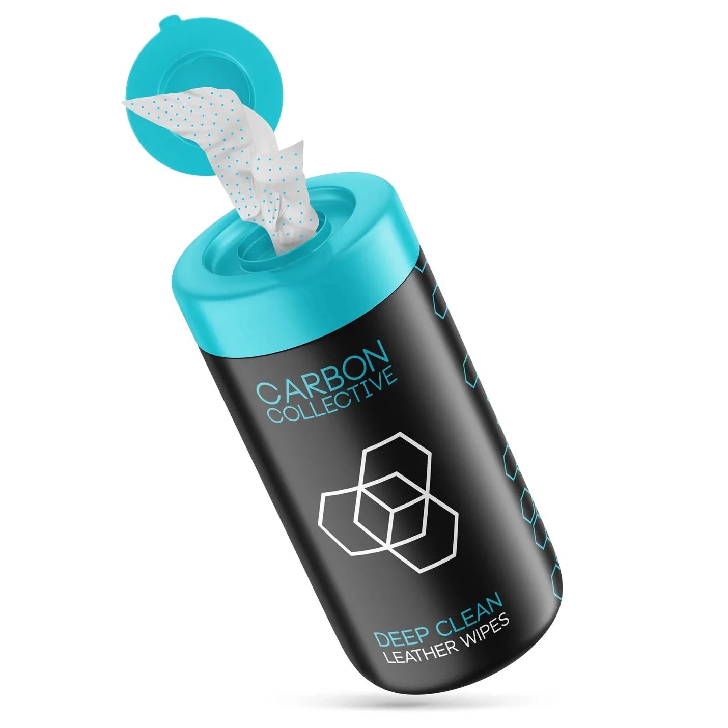 A container of Carbon Collective Deep Clean Leather Wipes with one wipe partially extended from the top. The container is black with a blue lid and the brand logo visible on the front.