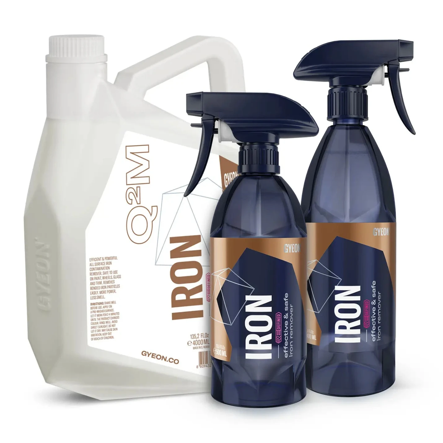 Gyeon iron treatment products including a large bottle and two spray bottles on a white background