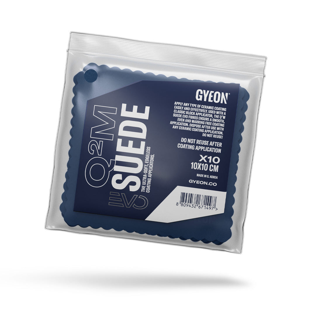 A pack of Gyeon Q²M branded blue suede applicators for car detailing, sealed in plastic packaging.