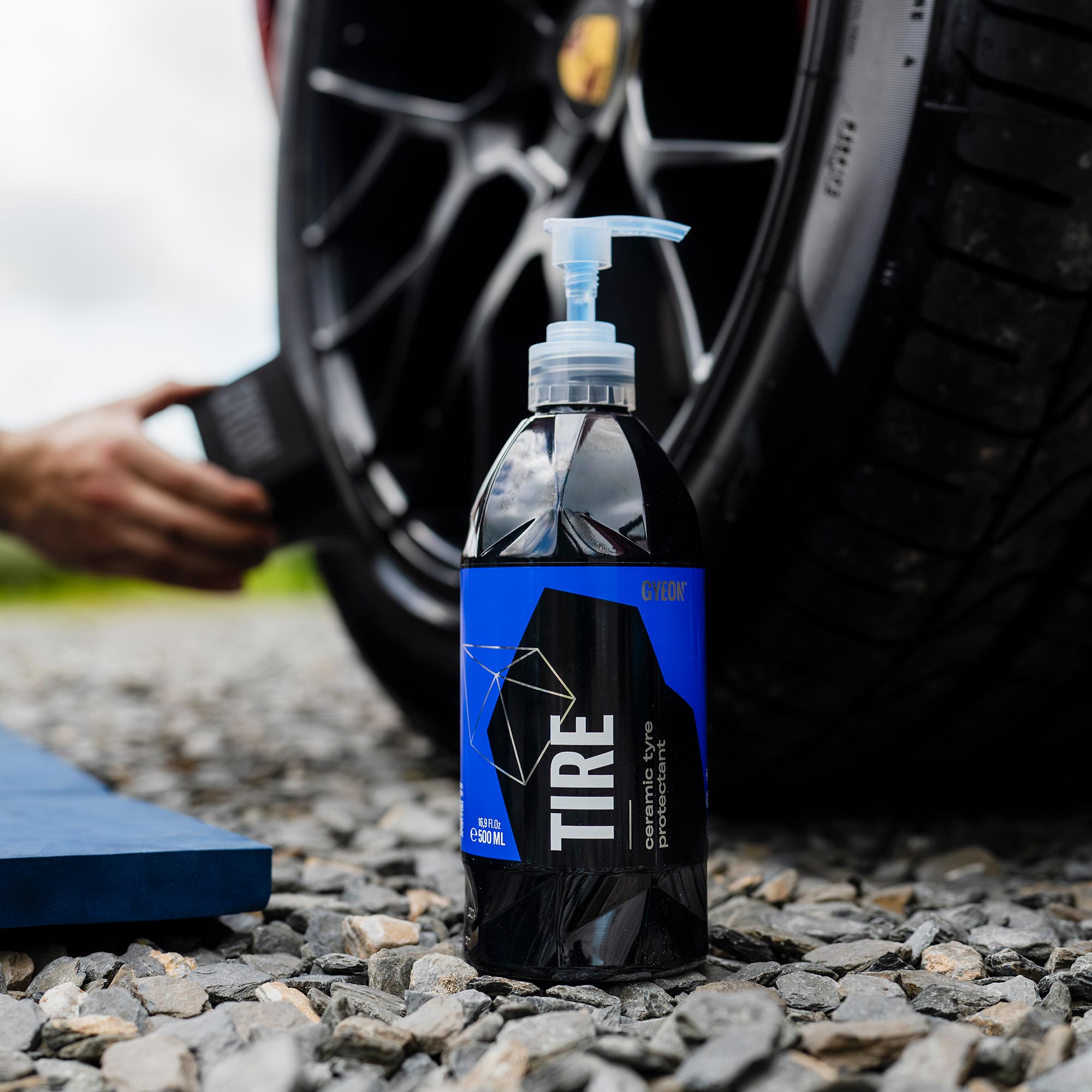 Gyeon Tire Dressing being applied to a car tyre