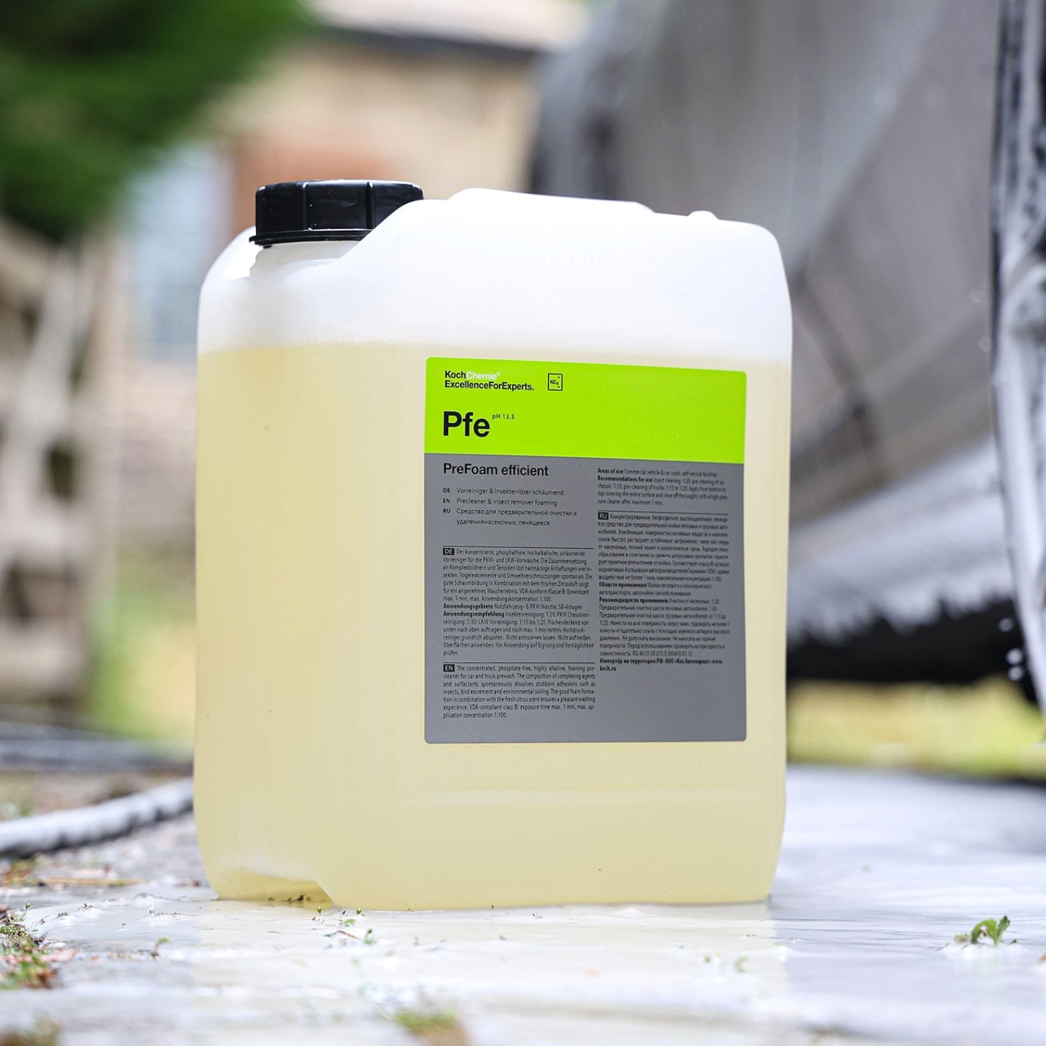 Koch-Chemie PreFoam Efficient alkaline pre-wash cleaner in a large plastic container for professional vehicle detailing.