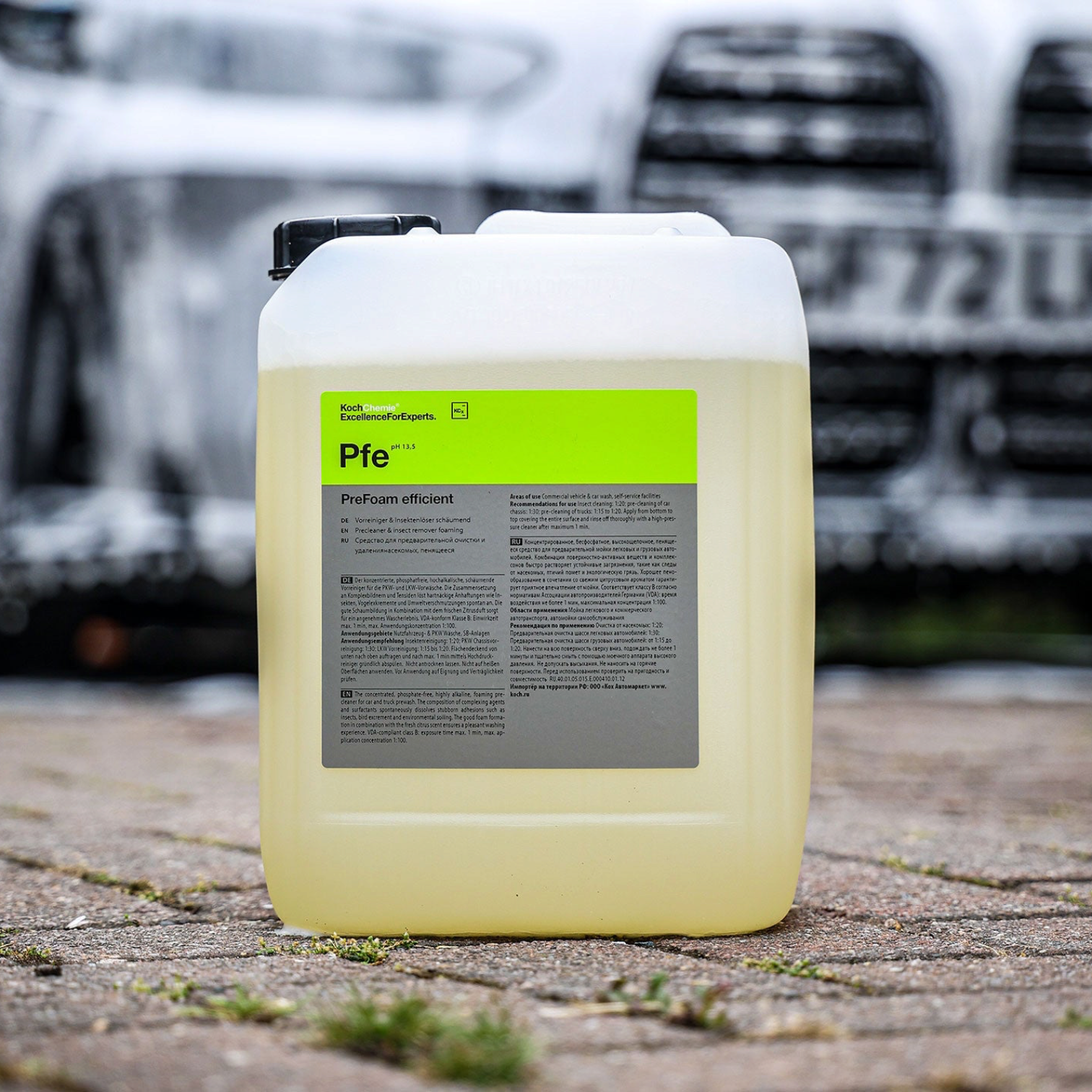 Koch-Chemie PreFoam Efficient alkaline pre-wash cleaner in a large translucent plastic container with a green label.