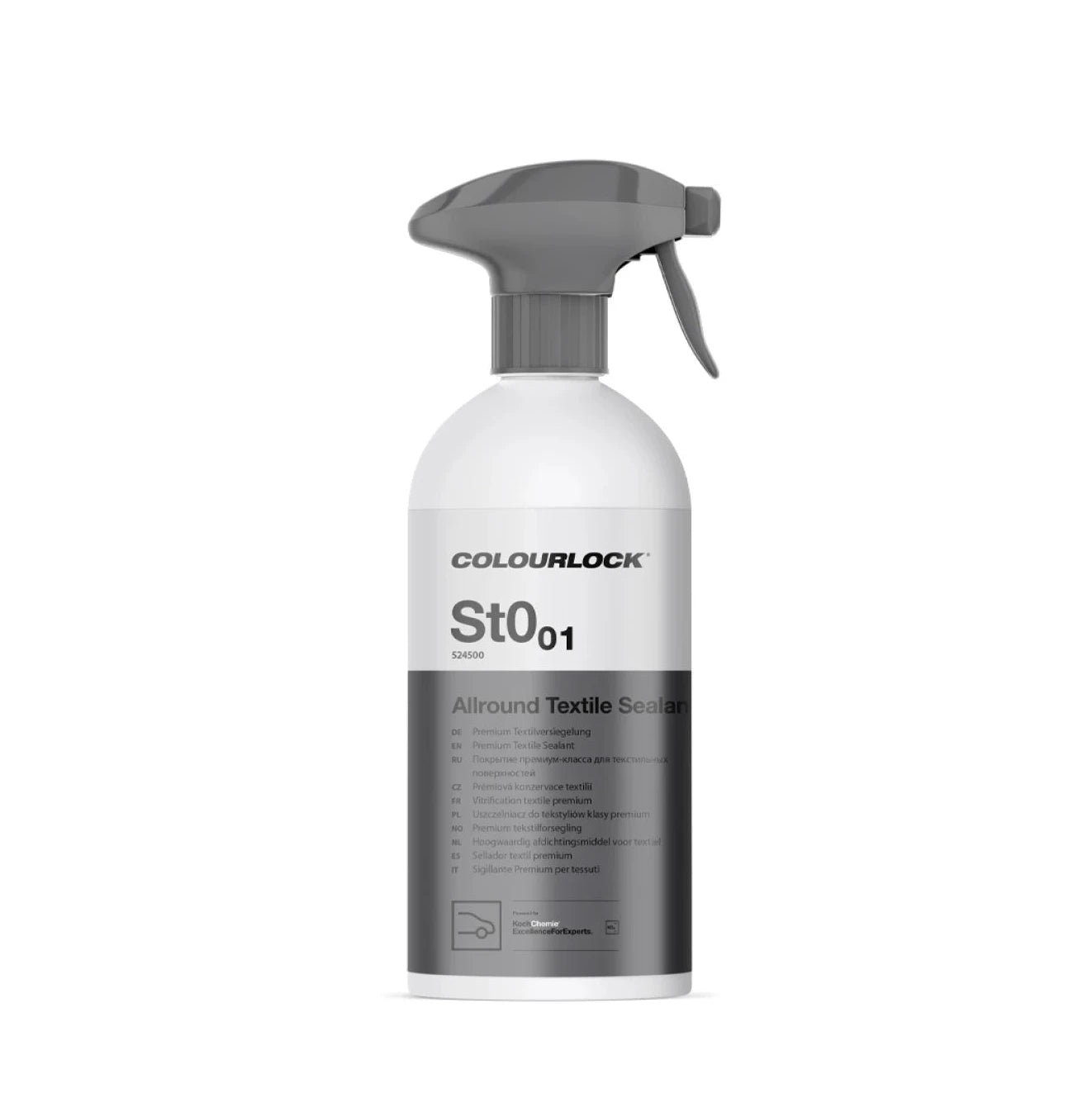 A white spray bottle labeled Koch Chemie Colourlock Allround Textile Sealant with product details on the label.