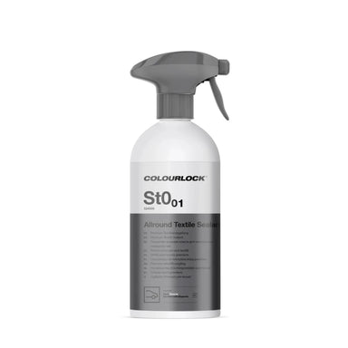 A white spray bottle labeled Koch Chemie Colourlock Allround Textile Sealant with product details on the label.
