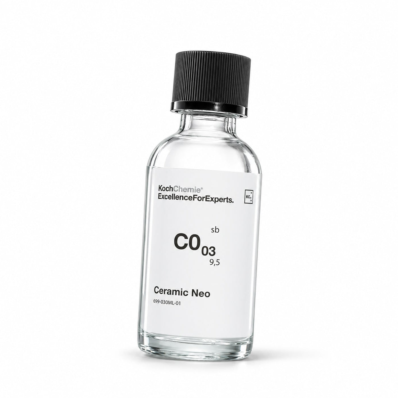 A clear glass bottle of Koch Chemie Ceramic Neo ceramic coating with a black cap and a white label, shown on a clean white background.