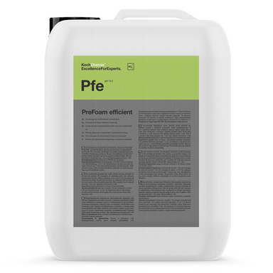Koch-Chemie PreFoam Efficient alkaline pre-wash cleaner in a large white plastic container with detailed product label.