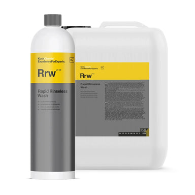 Two bottles of Koch Chemie RRW Rapid Rinseless Wash, a smaller bottle with gray and yellow label and a larger white bottle with the same label. Both display the product name and branding.