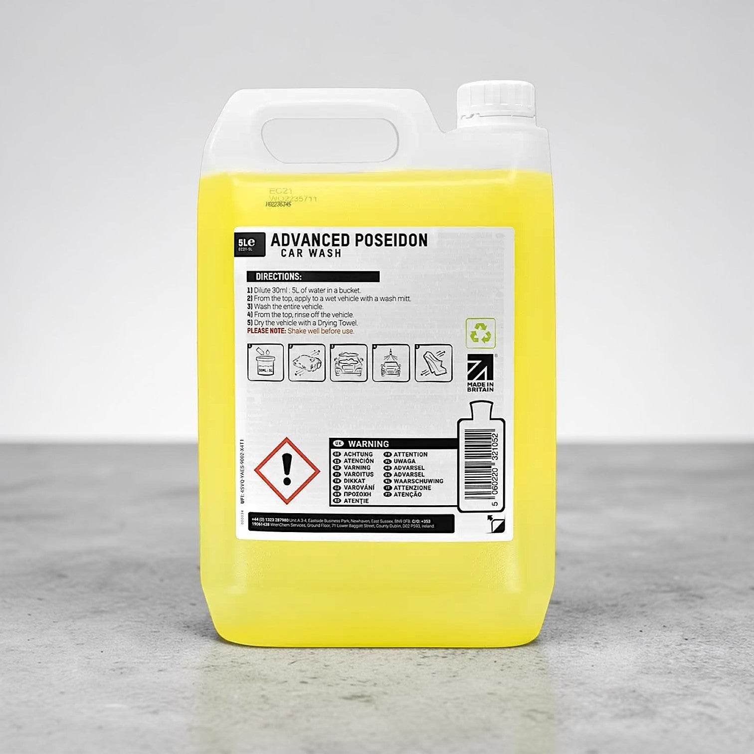 Polished Bliss ValetPro Advanced Poseidon Car Wash, a bright yellow, highly concentrated car shampoo in a 5L plastic container, designed for maximum lubrication during washing.
