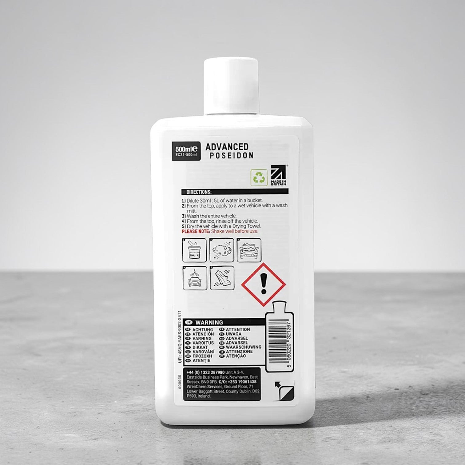 Polished Bliss ValetPro Advanced Poseidon Car Wash shampoo bottle, 500ml, with directions for use and warning symbols.