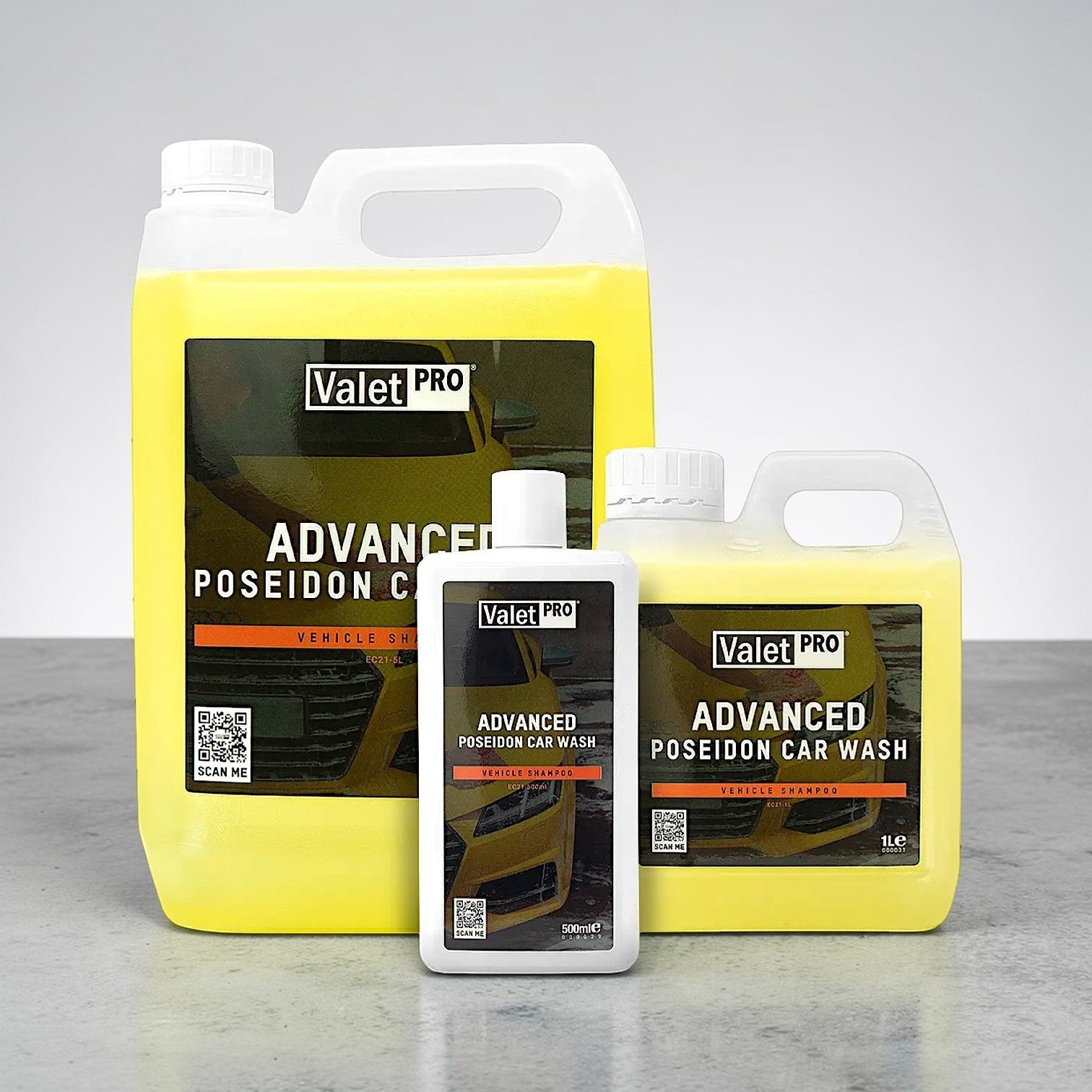 Polished Bliss ValetPRO Advanced Poseidon Car Wash, a highly concentrated lubricating car shampoo in yellow liquid, available in 5L, 1L, and 500ml bottles.