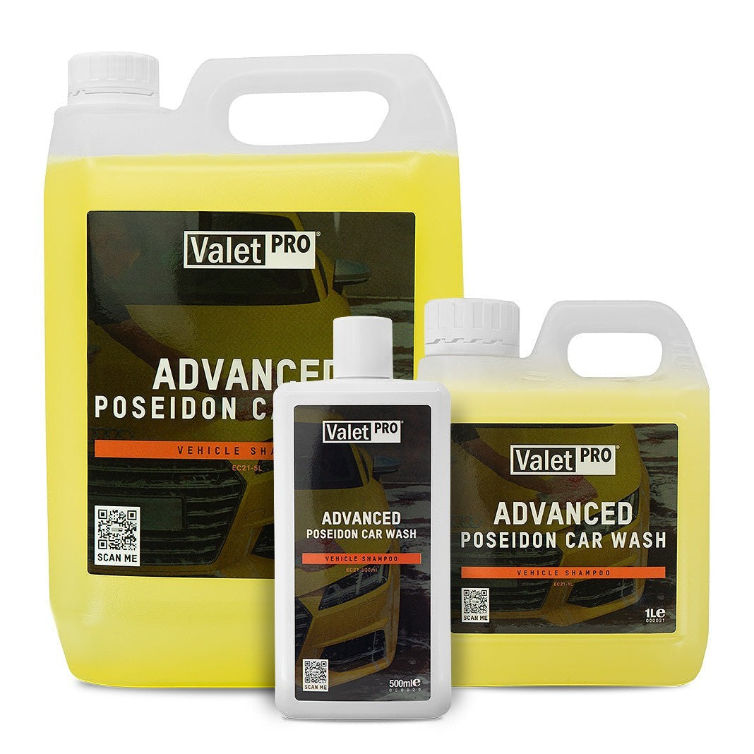Polished Bliss ValetPRO Advanced Poseidon Car Wash in yellow liquid, available in 500ml and 1L bottles. Highly lubricating vehicle shampoo.