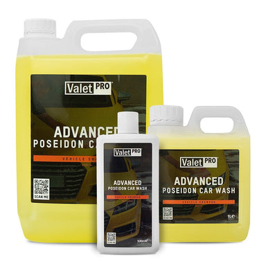 Polished Bliss ValetPRO Advanced Poseidon Car Wash in yellow liquid, available in 500ml and 1L bottles. Highly lubricating vehicle shampoo.