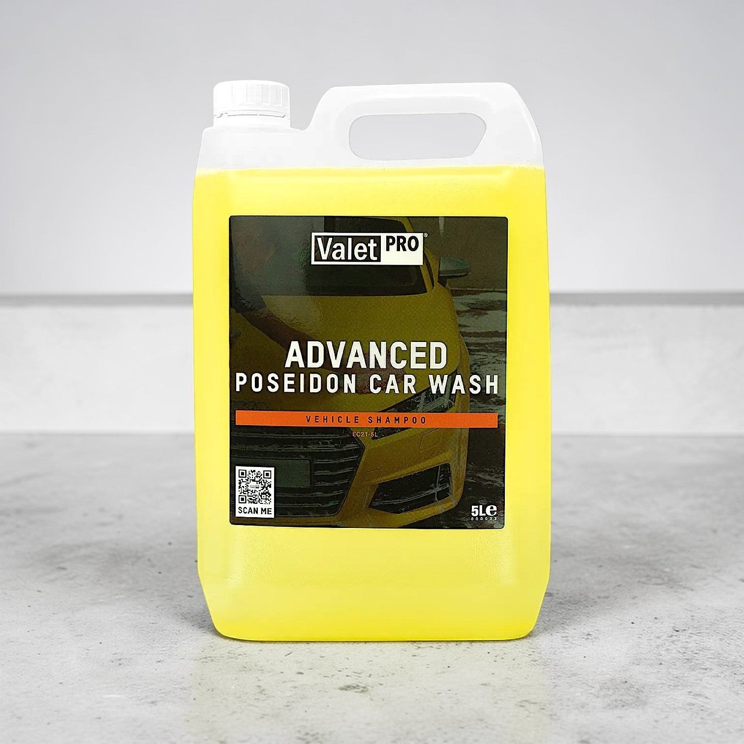Polished Bliss ValetPRO Advanced Poseidon Car Wash, a highly concentrated lubricating vehicle shampoo in a 5L yellow container.
