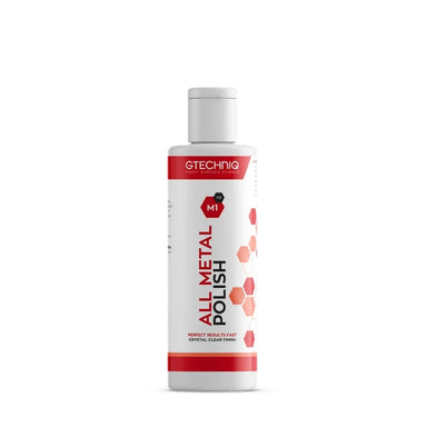 Polished Bliss Gtechniq M1 v2 All Metal Polish bottle, a white bottle with red and orange hexagonal graphics, for cleaning and restoring metal surfaces.