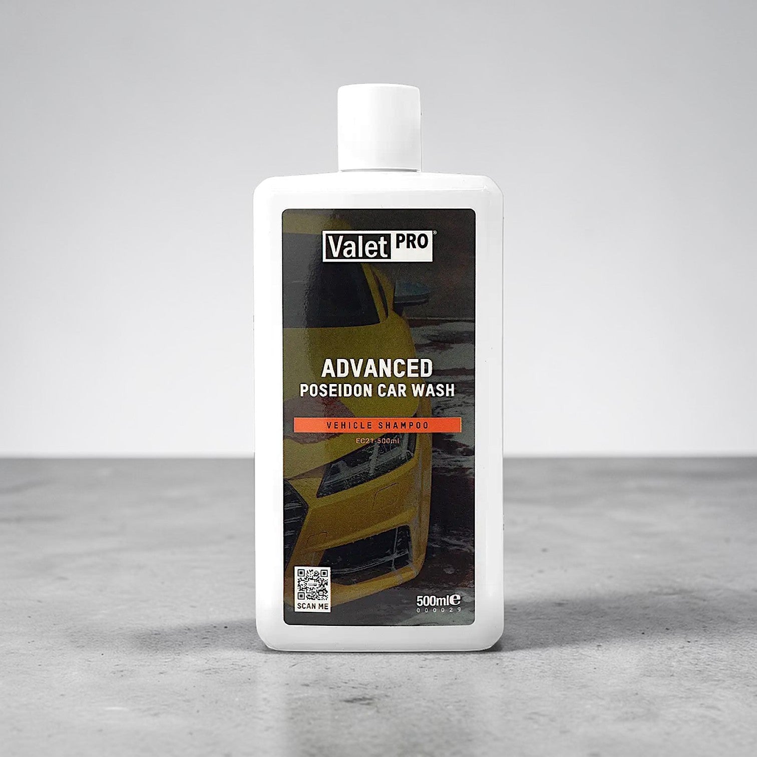 Polished Bliss ValetPRO Advanced Poseidon Car Wash vehicle shampoo, 500ml bottle with a yellow car graphic.