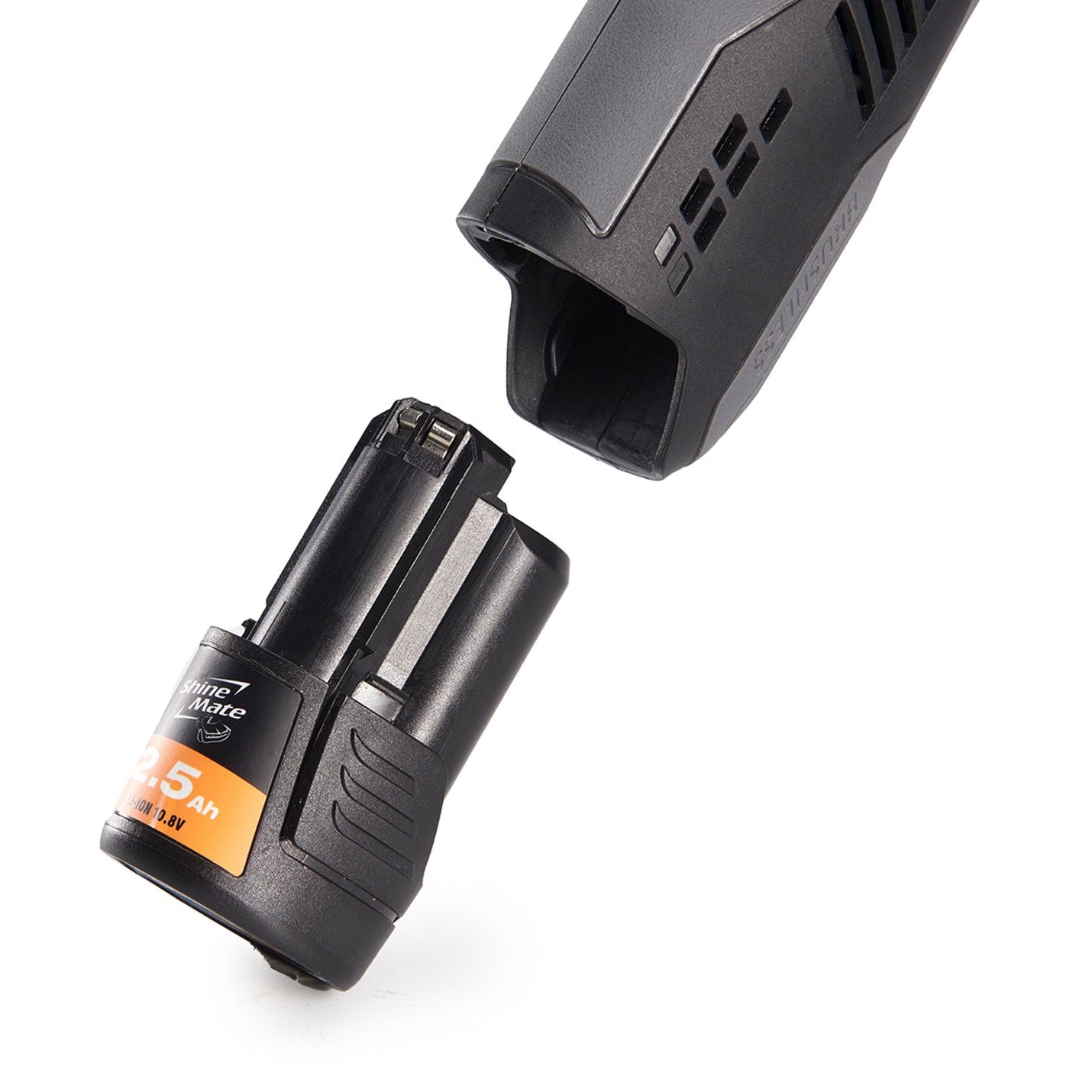 Black battery of a ShineMate EB210 Cordless Polisher on a white background