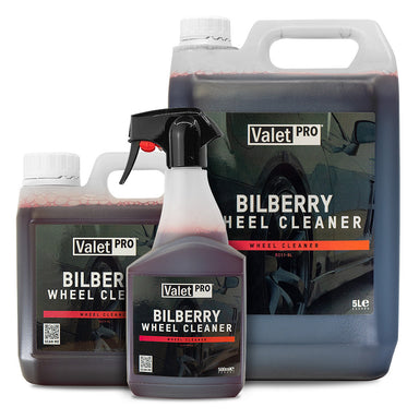Valet Pro Bilberry Wheel Cleaner bottles and a large container on a white background