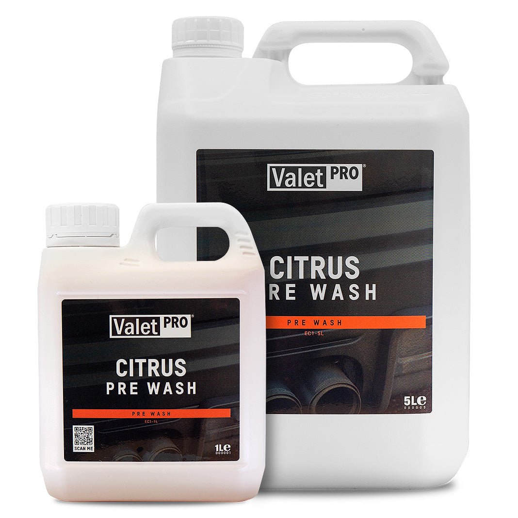 Two bottles of Valet Pro Citrus Pre Wash on a white background
