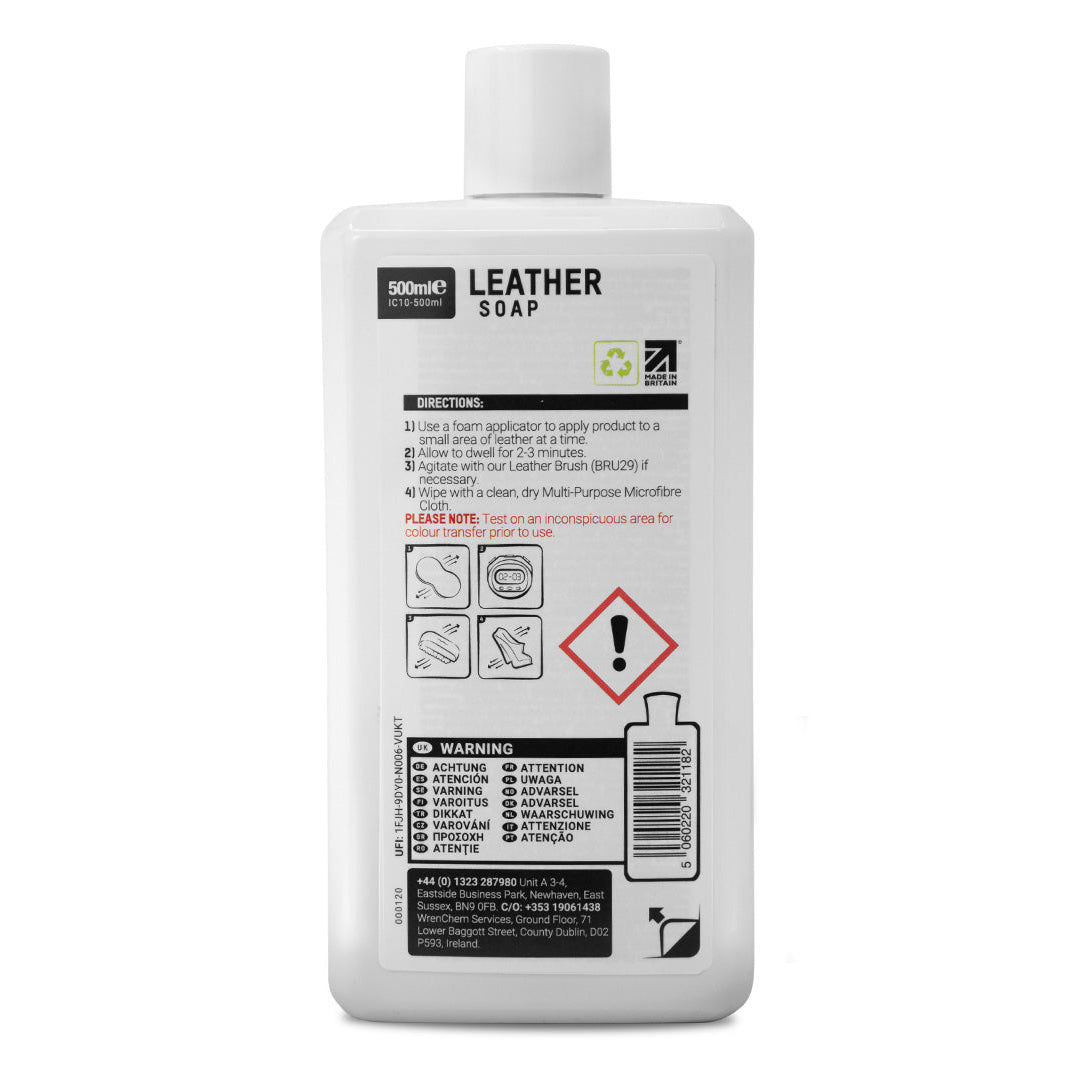 Bottle of leather soap with label on a white background