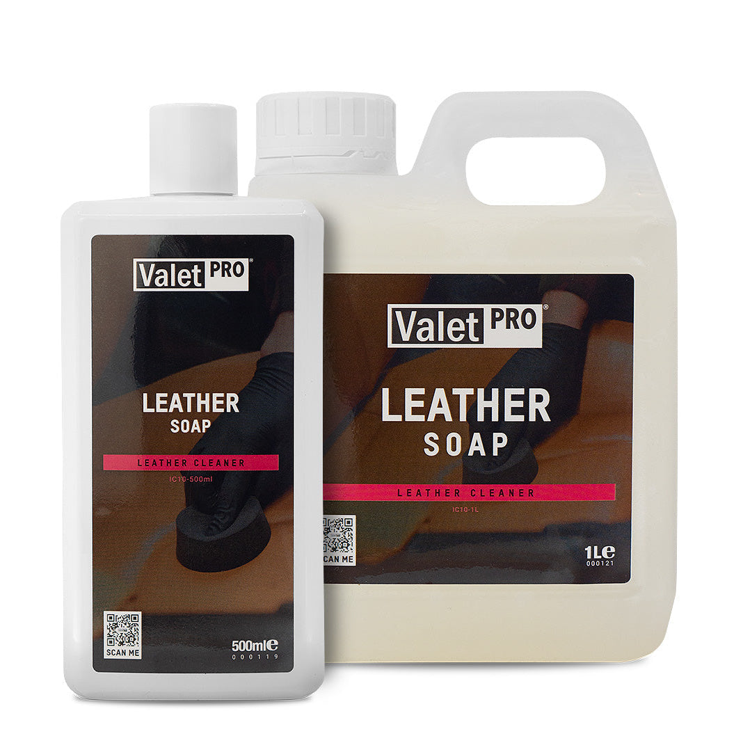 Two bottles of Valet Pro Leather Soap on a white background